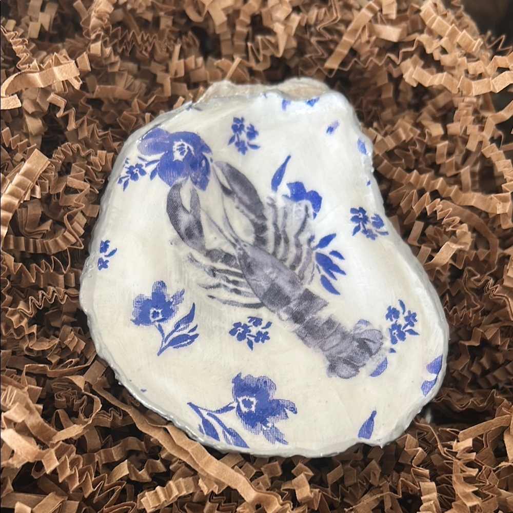 Decorative Decoupage Oyster Shell with Blue Lobster Design. Handmade